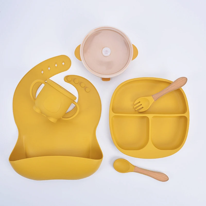 NEW Weaning Set Baby Tableware Bib Plate Suction Bowls Silicone Baby Feeding Set