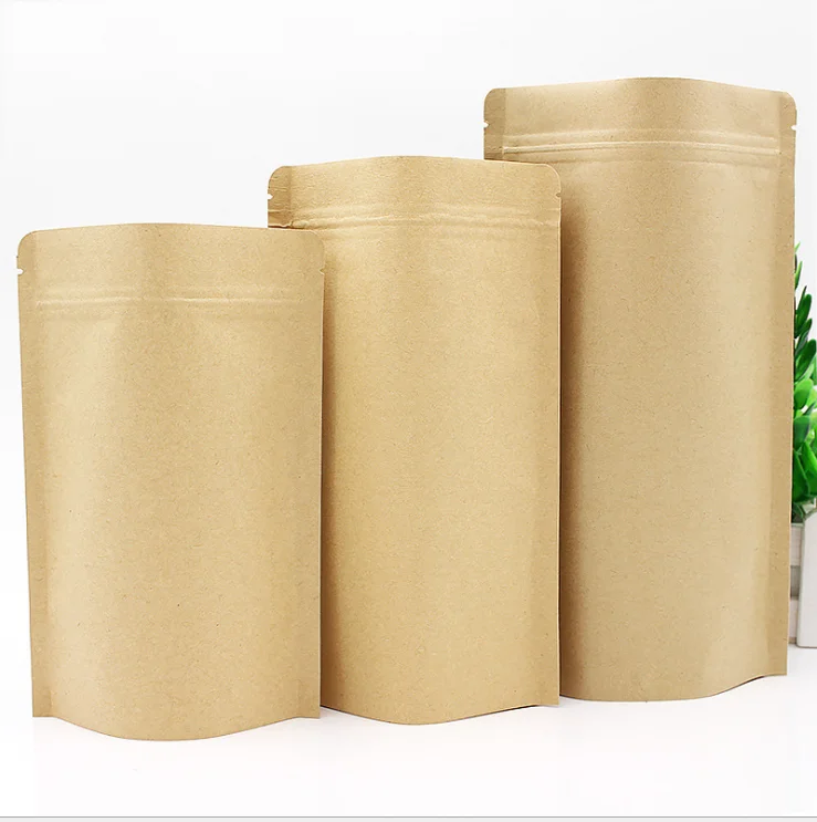 Recycle stand up pouch ziplock dried biodegradable kraft paper packaging bag with window kraft paper pouch for food