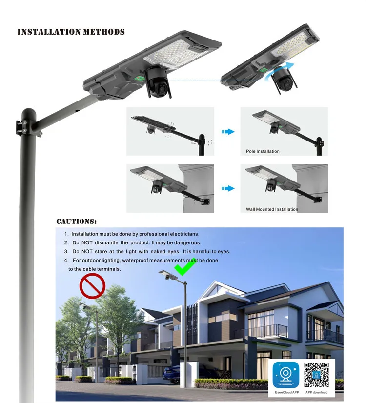 Outdoor IP65 1080P 5 Million Pixels 4G WIFI SIM Card Security Solar Street Lights With CCTV Camera 300W 500W