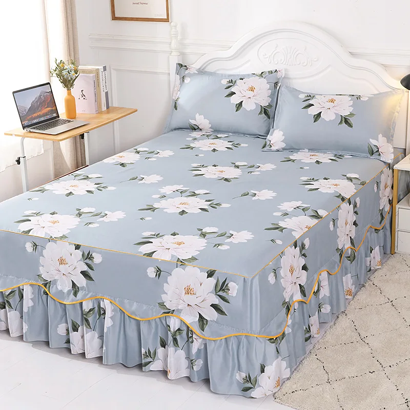 Cheap Printed Seams aloe Brushed cotton lace bedspread sheets three-piece bed skirt set