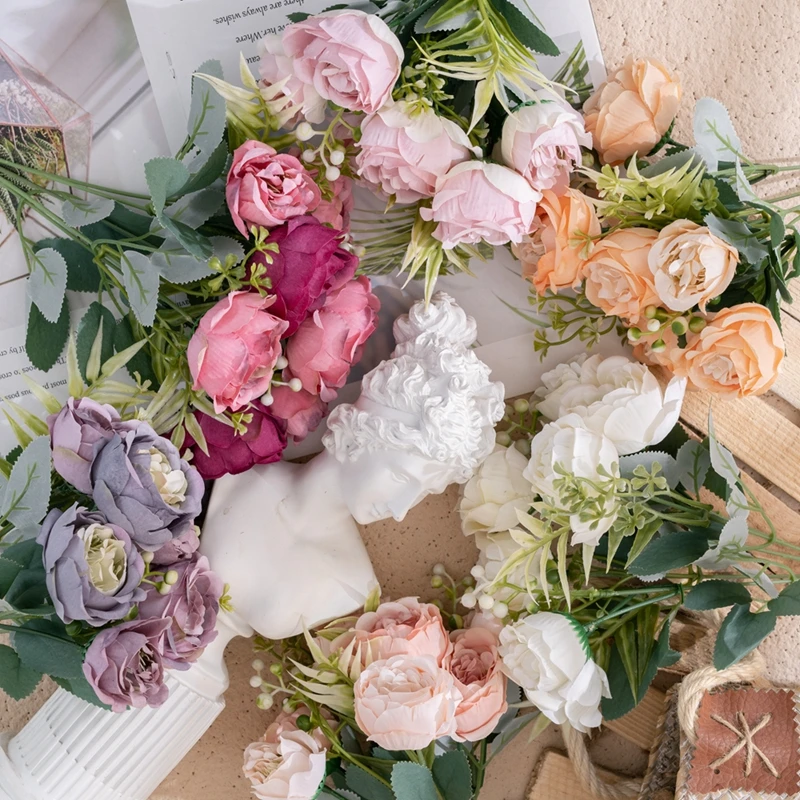 MW55506 High Quality Holding Silk Artificial Nice Peony Flower Wedding Bouquet With Plastic Greenery Accessories Faking Flower