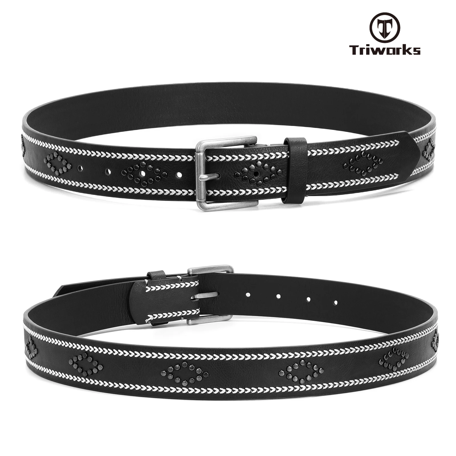 Free Custom Design Studded Rhomboid Rivet Decor Embroidery Stitching Cowboy Cowgirl Faux PU Leather Belt