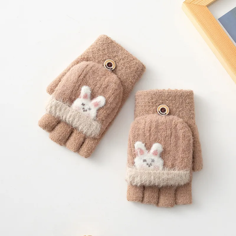 
OEM Custom Design Kids Baby Coversible Winter Warm Gloves Knit Knitted Half Finger Fingerless Mittens Cartoon Thickness 