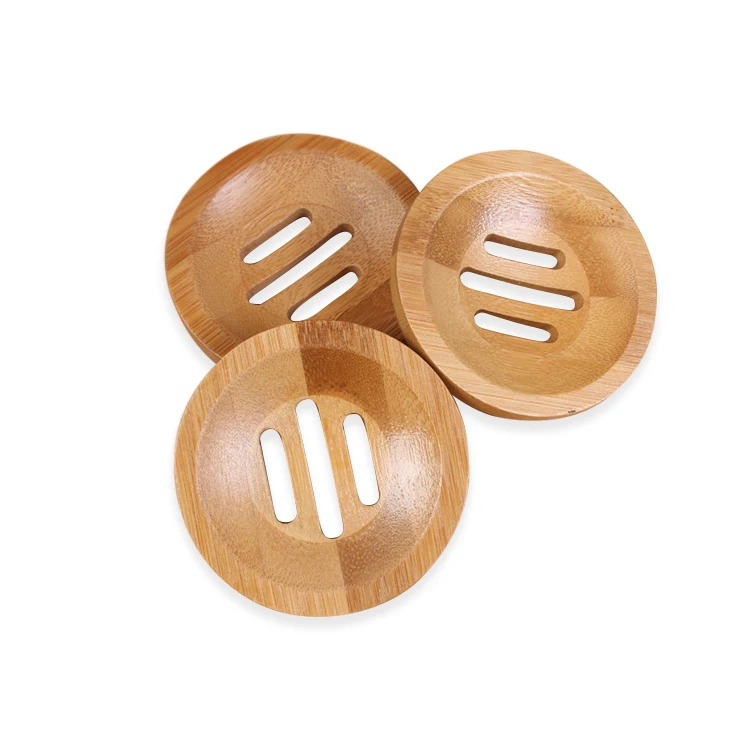 Bathroom Accessory Custom Logo Non Slip Soap Container Organic Travel Handmade Bamboo Holder Round Soap Dish for Shower