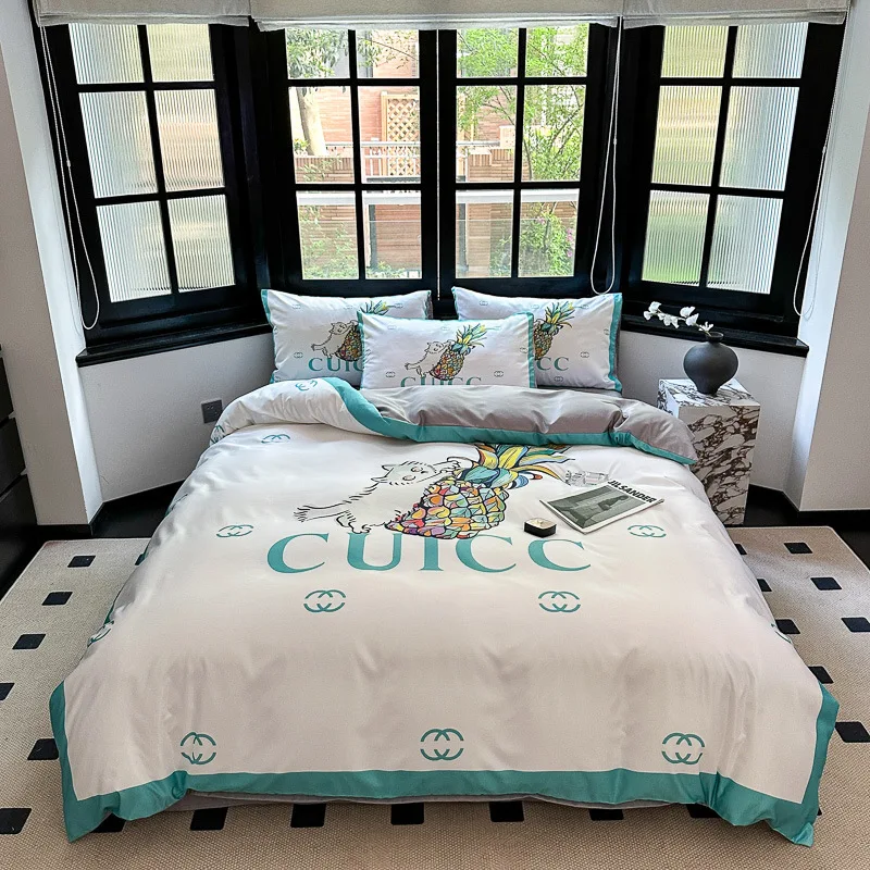 Brushed Cotton 4-In-1 Bedding Set Brown White King Size Duvet Cover Bed Sheet Bedding Set