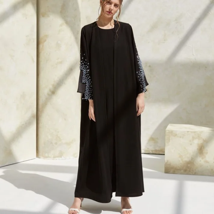 Custom 100% natural Jersey Fabric Black Eid Beads Sequins Embroidery Muslim Abaya Jalabiya For Women