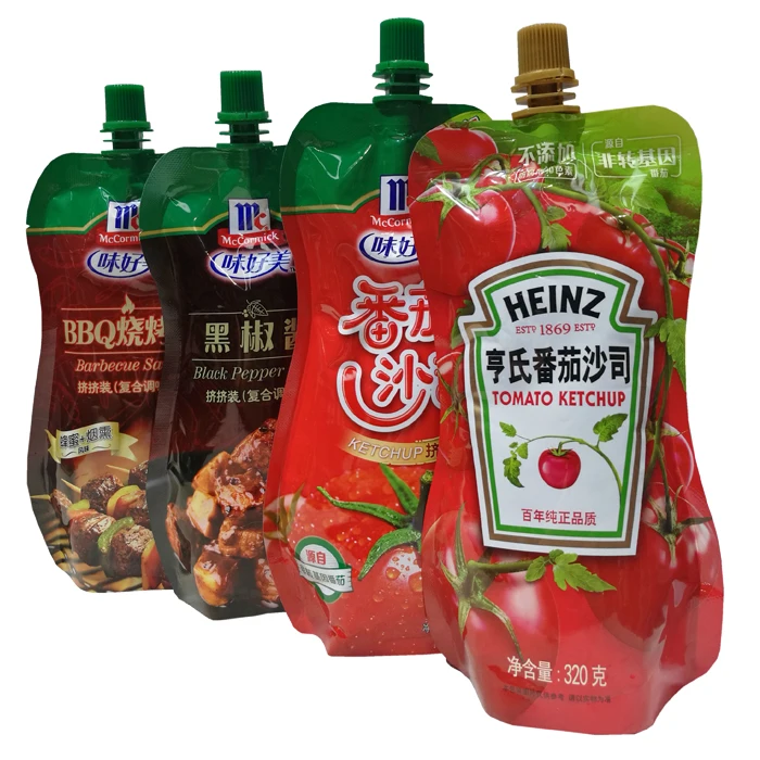 Eco friendly custom design matte aluminum foil stand up doypacks liquid food spout pouches bag for sauce packaging