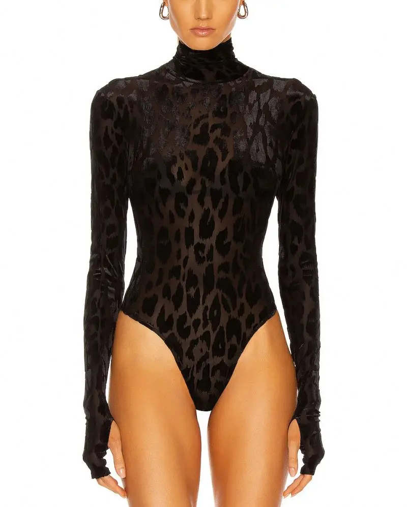 Hidden back zip oem clothing manufacturer custom printed sheer black bodysuit