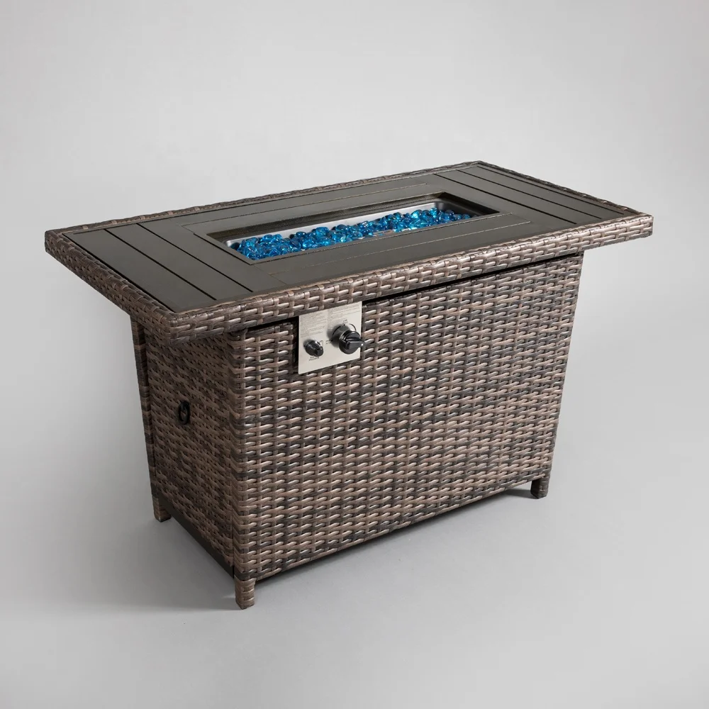 Oniya Metal Outdoor Propane Heater 50,000 BTU Backyard 43in Rattan Fire Pit Table With Wind Guard
