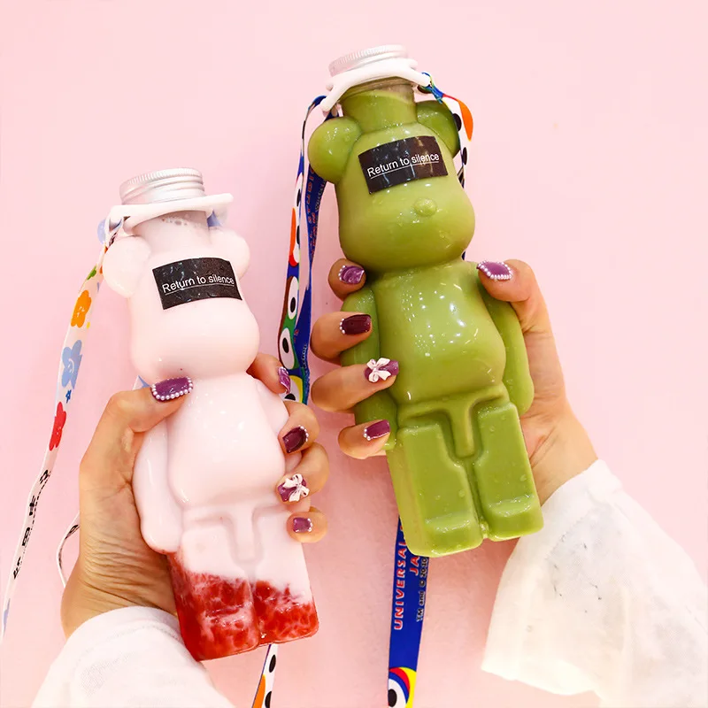 Disposable Transparent Logo Print 350Ml 500Ml 700Ml Pet Plastic Juice Milk Boba Tea Plastic Bear Bottles