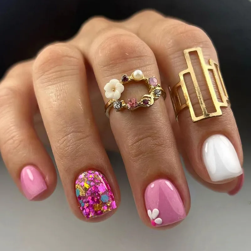 24pcs Pink White Flowers Cute Explosive Short Square False Nails Stick On Nails Press on Nails