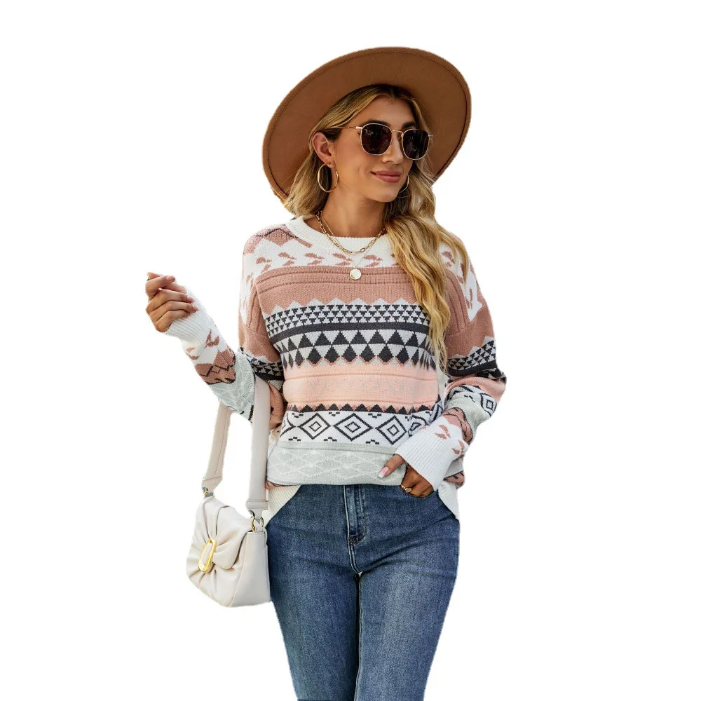 2024 осенне-зимний Новый Винтажный жаккардовый многоцветный вязаный свитер с круглым вырезом и стразами