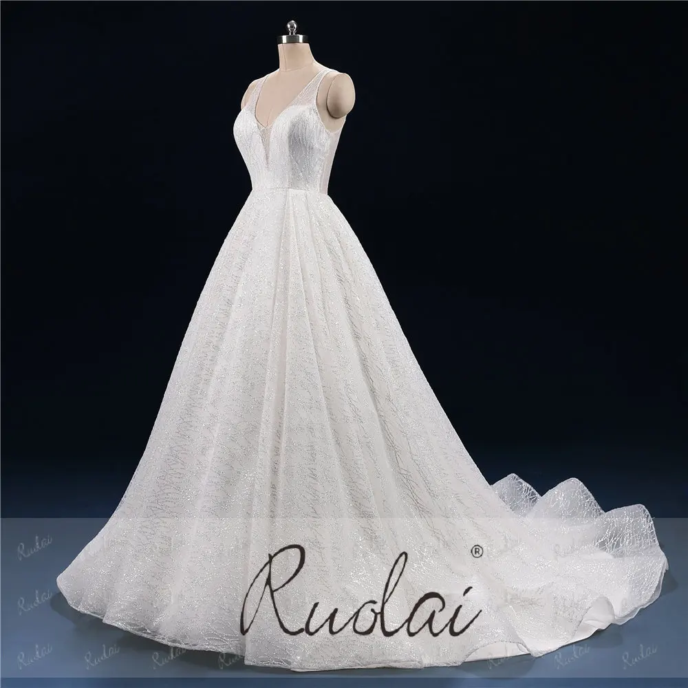 Ruolai PWD-H1002 Роскошная блестящая ткань халат De Mariage винтажное блестящее бальное платье с V-образным вырезом Свадебное свадебное