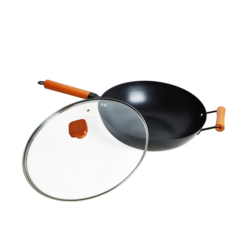 Wholesale Thickness 1.5mm Carbon Steel Wok Pan 32cm Chinese traditional nitriding wok with Wooden Handle Glass Lid