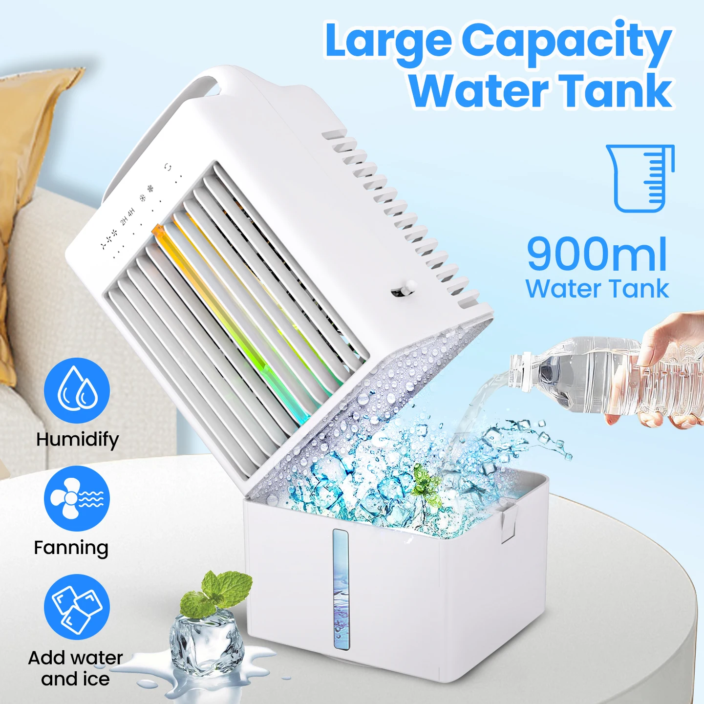 Cross-border Mini Portable Desktop Bedroom Ari Cooler Office Home Air Conditioner Fan with 7 Color Light,2/4H Timer, Rotation