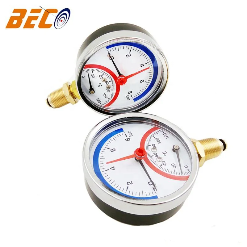 BECO manometer and thermometer,  63mm Stainless Steel Case compound temperature and pressure gauge