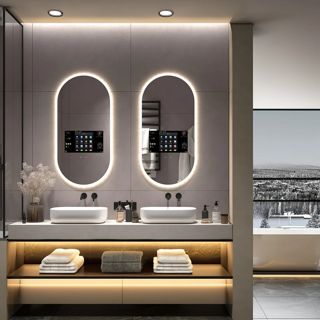 Bathnology Blue-tooth Android Touch Screen Smart Mirror with LED Light bathroom wall lighted smart magic mirror tv led