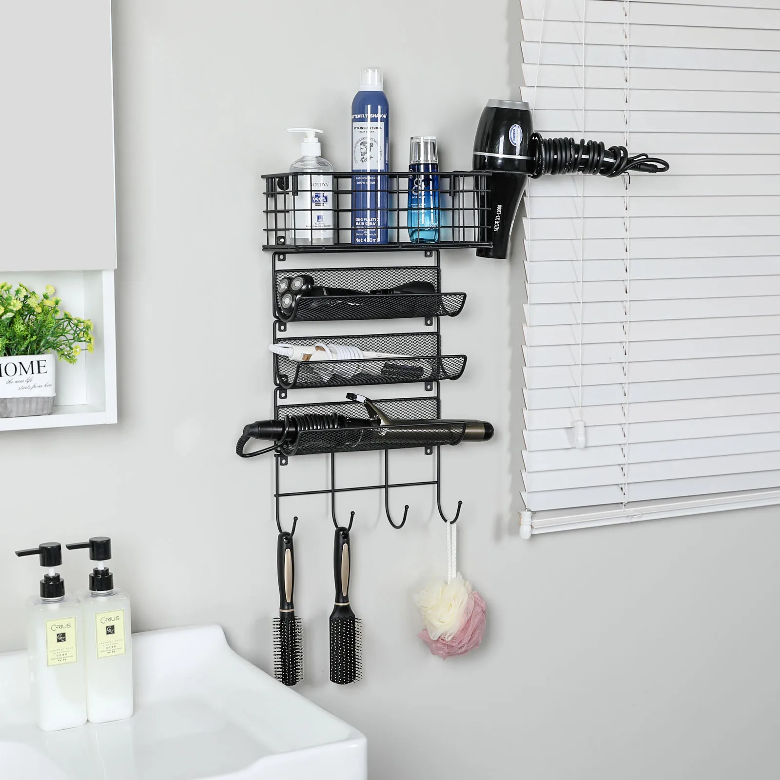 4 tier Shelf Storage Wire Basket  Wall Mounted Hair Dryer Holder Styling Tool Organizer