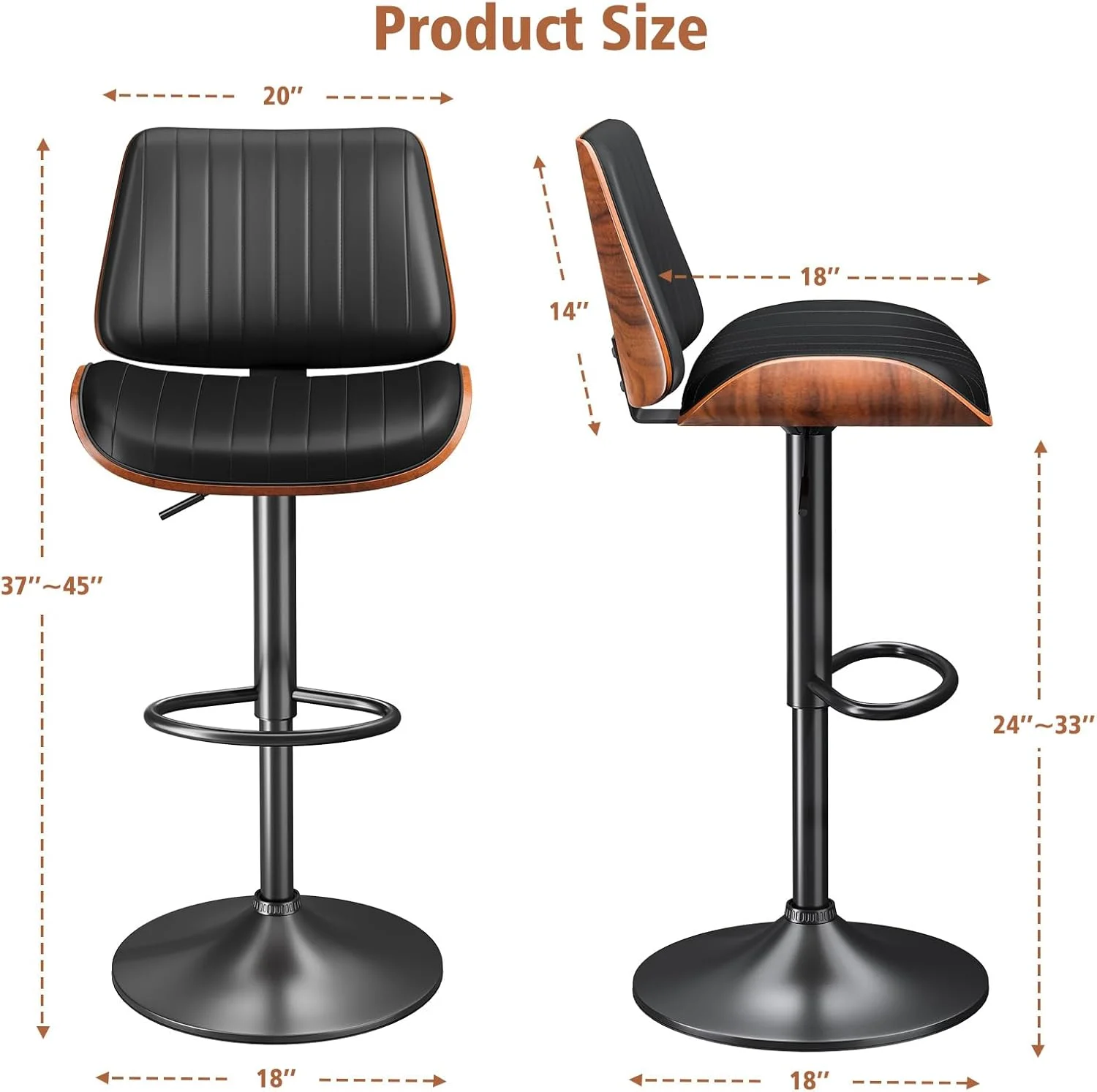 ALINUNU High Quality Modern Design Adjustable Height Swivel Bar Stools PU Leather Upholstered Bar Chair with Back Footrest Bar