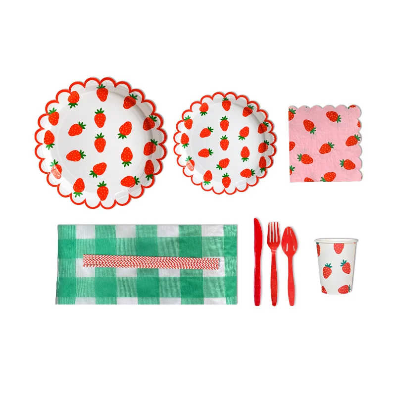 Partybus Strawberry Pattern Paper Plates/ Cups/ Napkins Disposable Dinnerware Set Party Supplies