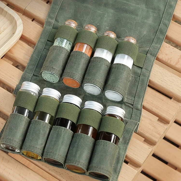 hot selling old Bushcraft Camping Spice Kit organizer with 9 bottles and Oil Pouch Waterproof Waxed Canvas Travel Spice Kit