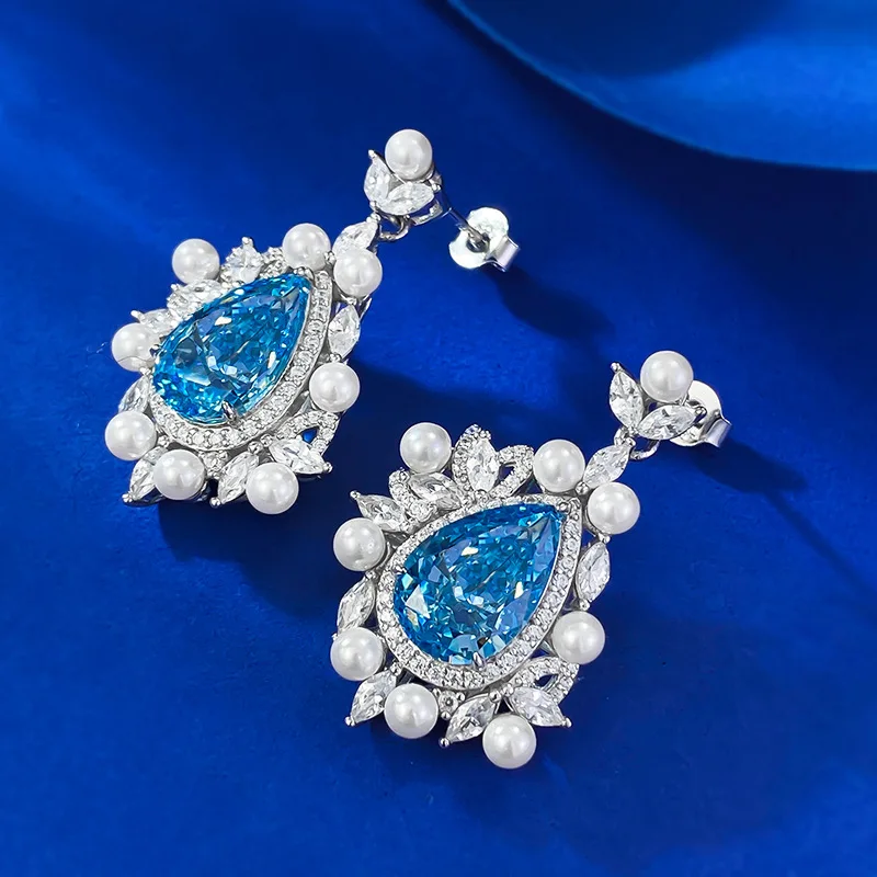 S925 Silver Earrings Pear Cut 8x12mm Sea Blue Zircon Inlaid Water Drop Versatile Boutique Fine Jewelry Earrings