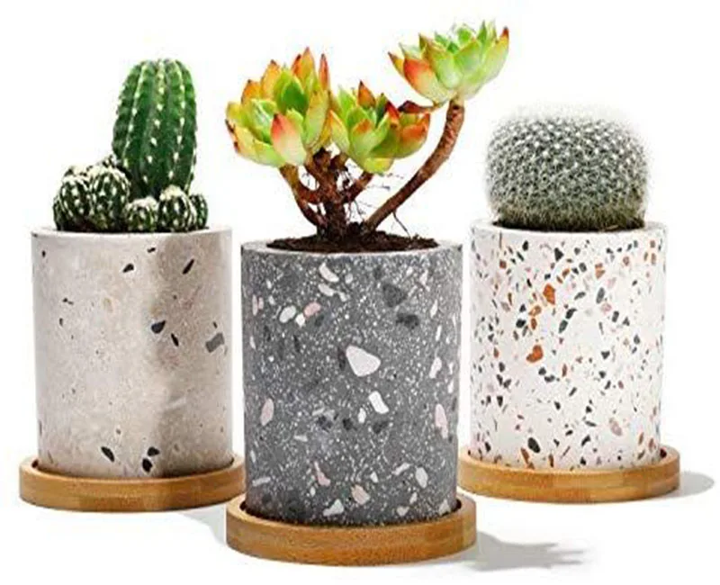 Mini terrazzo flower pots with wood base tabletop home decor