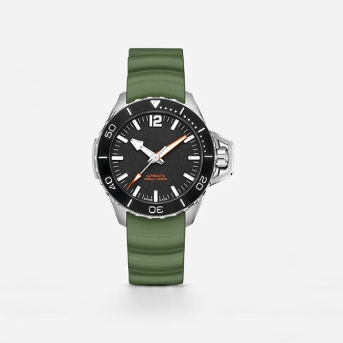 customized wrist watch green rubber watch strap mechanical movement swiss made watch