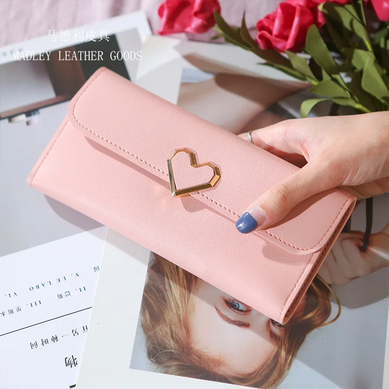 Wholesale Women New Fashion Korean Clutch Bag Lady PU Candy Color Heart 3 Fold Money Card Holder Purse