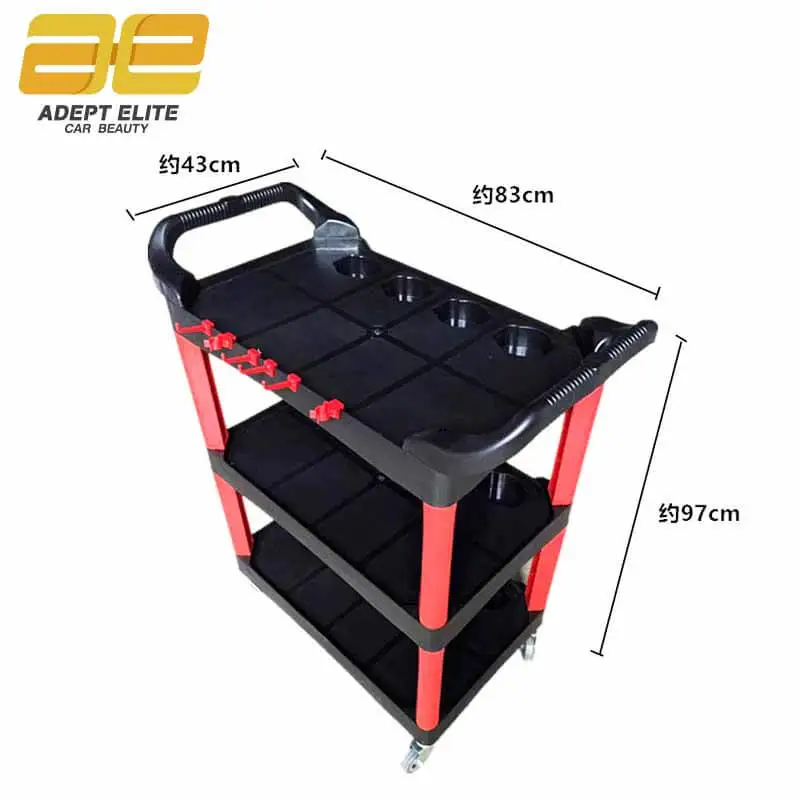 Multi-Purpose Auto Beauty Trolley Garage Car Washing Shop Three-Story Auto Beauty Tool Cart with Bucket and Blottle Hook