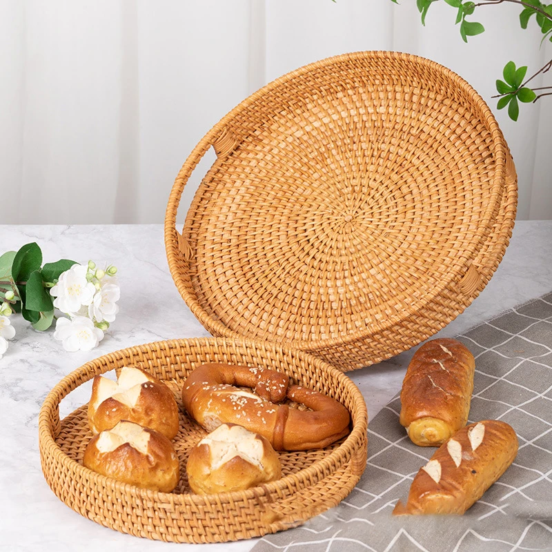 Japanese Style Round Multifunctional Fruit Tray Handles Woven Rattan Bread Basket Creative Breakfast Platter
