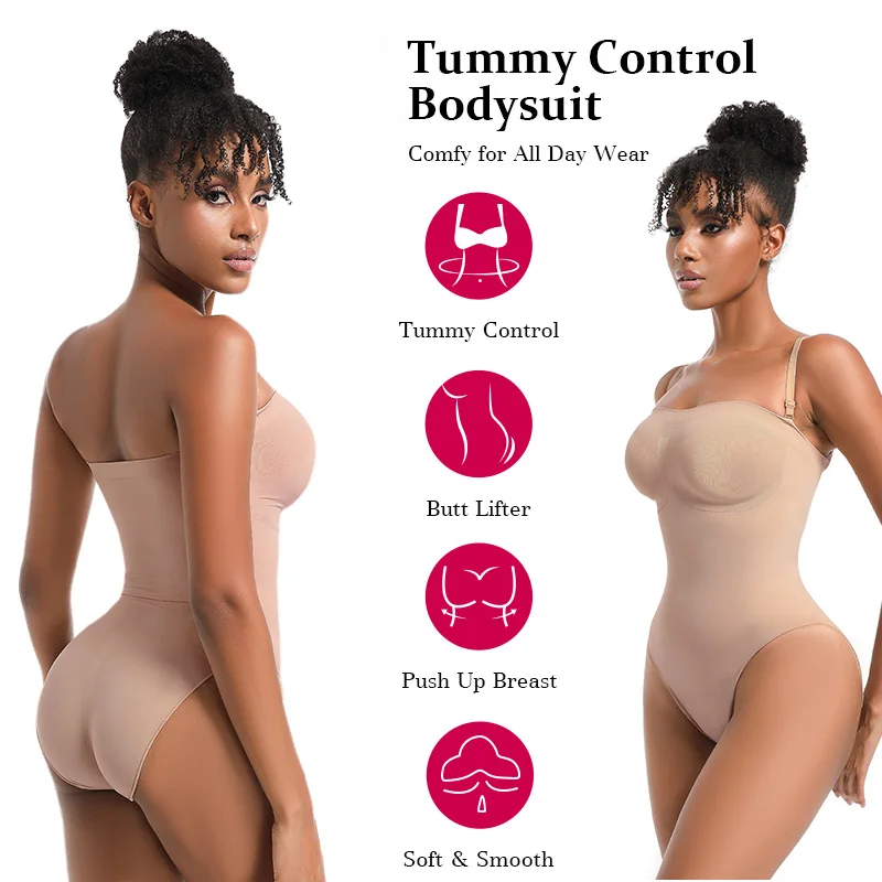 Compressive Strapless Bodyshaper Tube Top Bodysuit Seamless Shortie Shapewear Sculpt Full Body Shaper with Attachable Strap