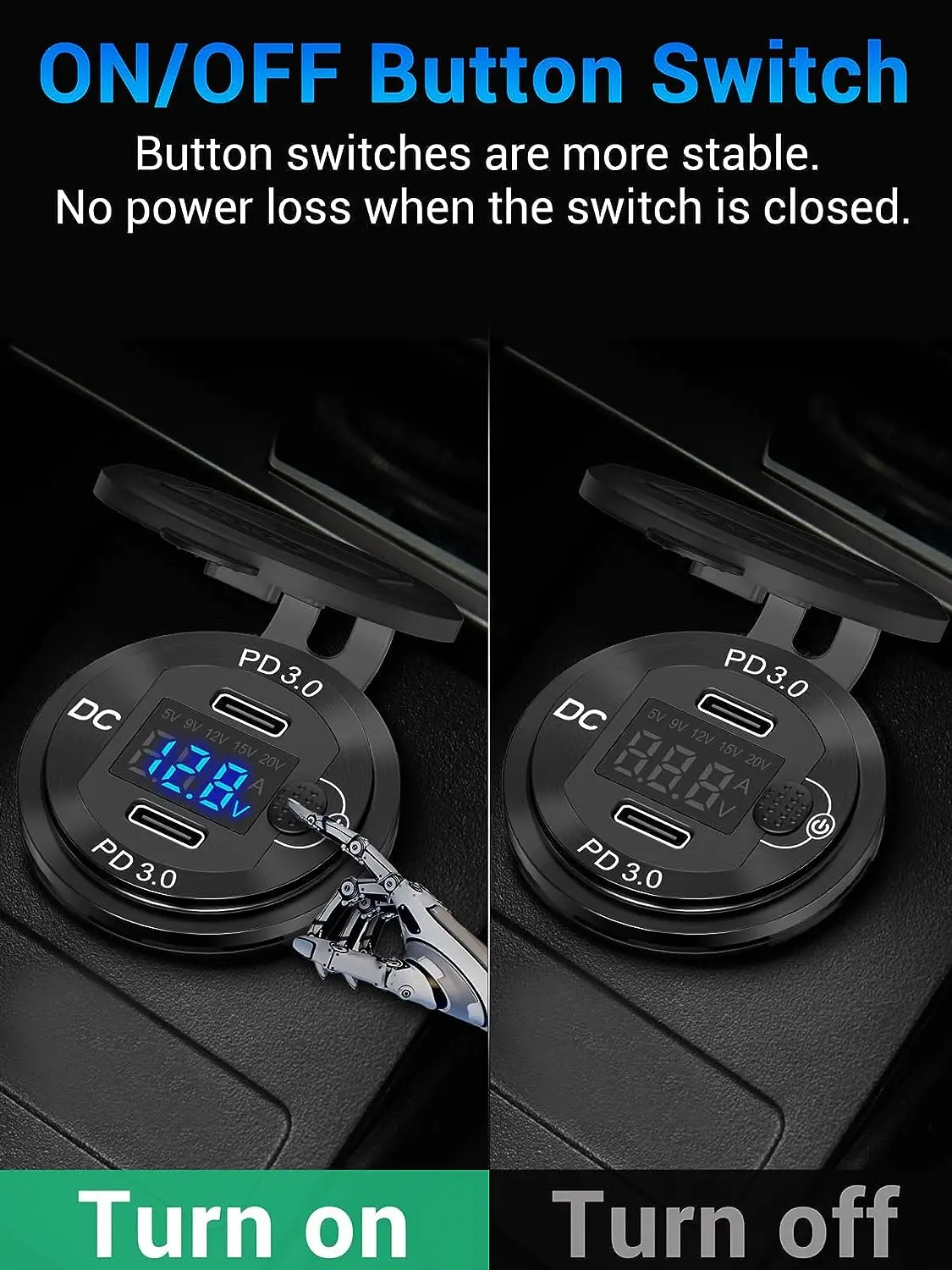 12V/24V  Dual USB-C  PD charger  outlet with voltmeter  ammeter  and button switch for marine Boat RV Motorcycle Golf Cart