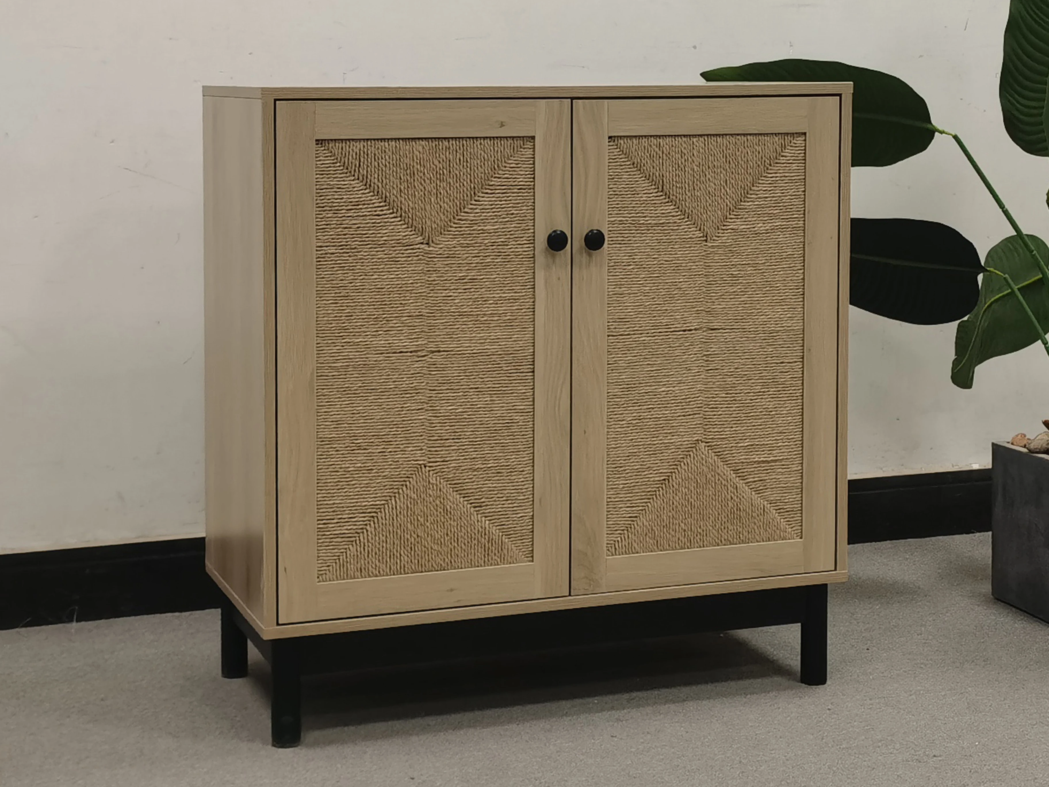High Quality Customized Wooden Sideboard with Paper Rattan Woven Door Cabinet