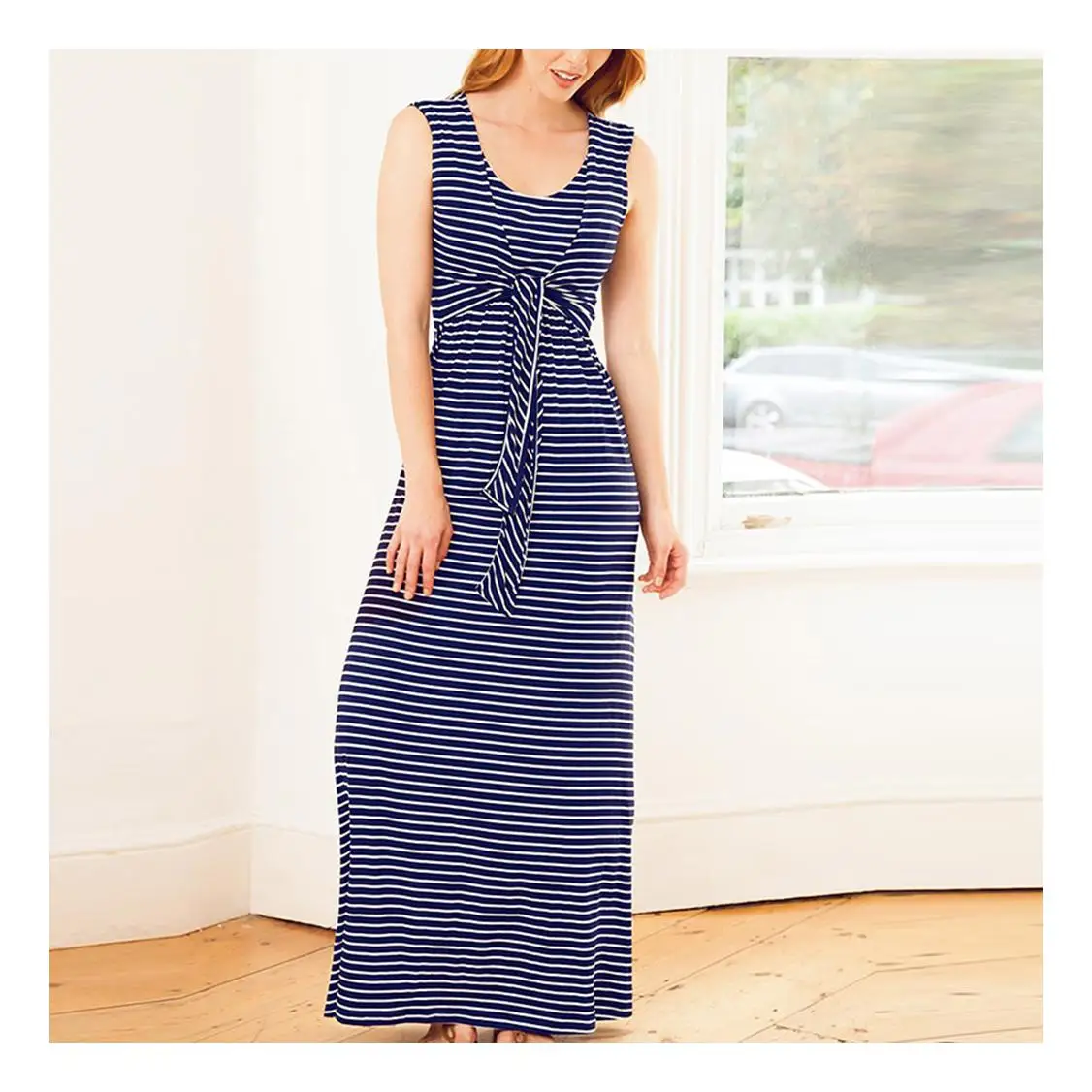  Women Summer Maxi Dresses Maternity Breastfeeding Nursing Striped Sleeveless Long Dress