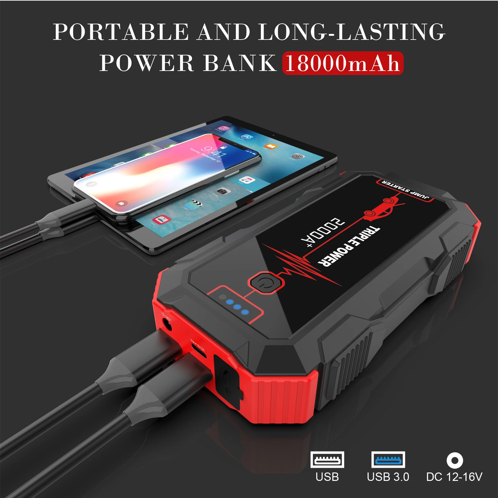12v car battery jump starter intelligent booster cable with clamps for emergency tools portable car jump starter