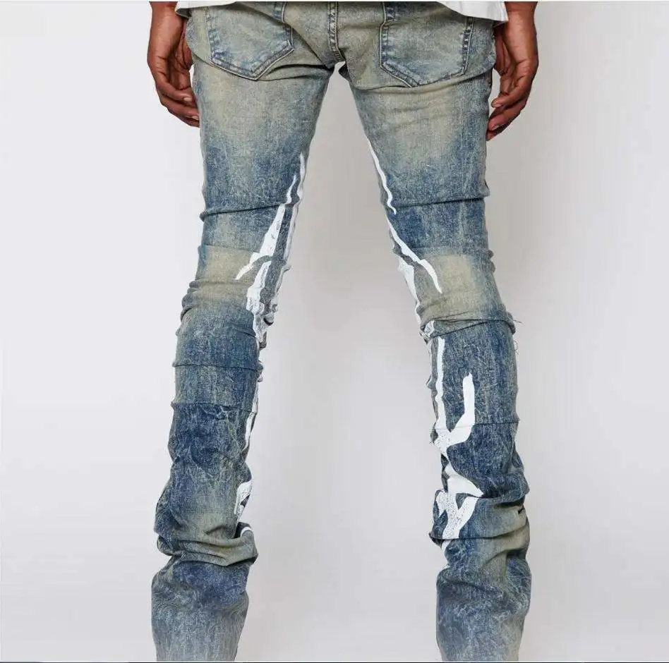 2023 new arrivals new design vintage stacked denim pants wholesale custom slim fit prints ripped stacked jeans men flare jeans