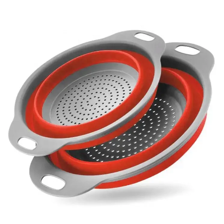Складной набор из 2 круглых силиконовых кухонных сеток для слива макаронных изделий овощей фруктов с ручкой