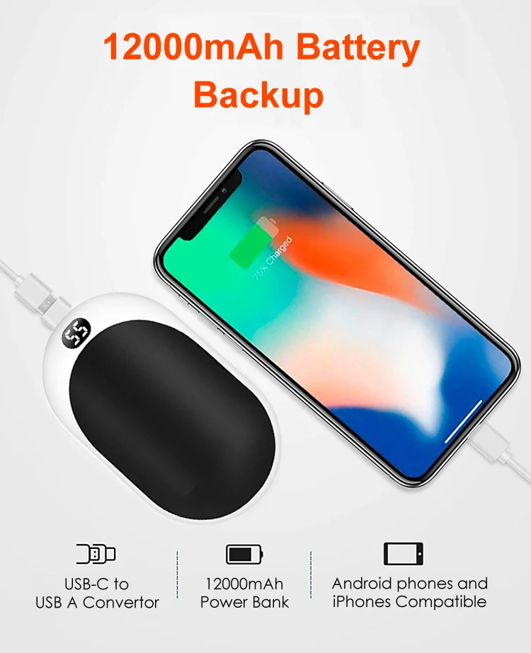  New 12000mAh Hand Warmer Power Bank Portable Pocket Mini USB C Electric Rechargeable for