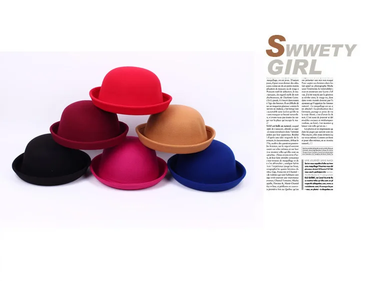  Autumn Winter Trendy Derby Fedora Bucket Hat Classic Wool Dome Round Bowler Hats with Roll-up Brim for Youth