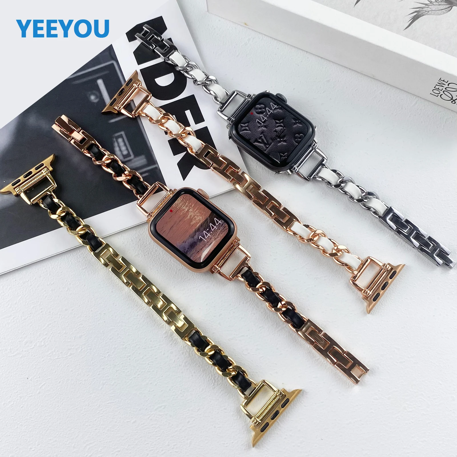 Luxury Gold Stainless Steel Strap Single Row Thick Link Multi-Color Charms 45mm Fits Smartwatch Models 7/6/5/4/3/2 Se