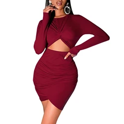 Hot Sale Fashion elegant prom dresses Ruched Long Sleeve Sexy Bodycon casual Mini Dress Women