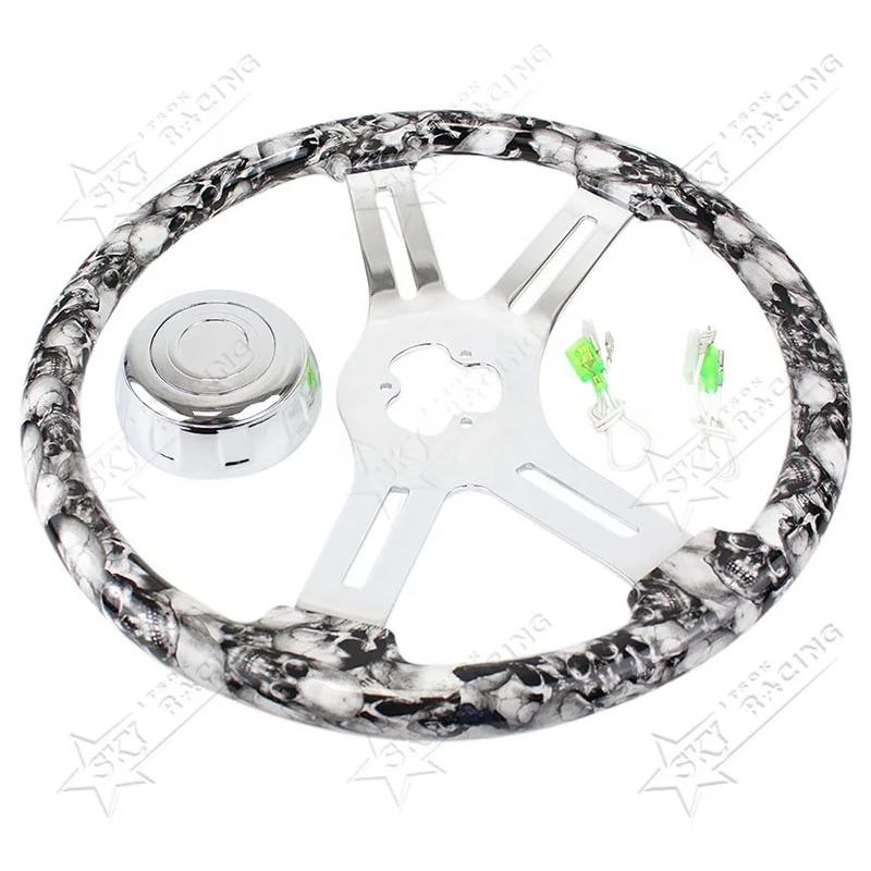 18inch 450mm 4 Spokes Hydro-dip Finish Skull Pattern Semi Trailer Truck Wood Steering Wheel for Freightliner Kenworth Peterbilt