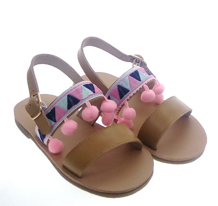 hottest pom pom teens big size genuine leather shoes sandals for kids girls