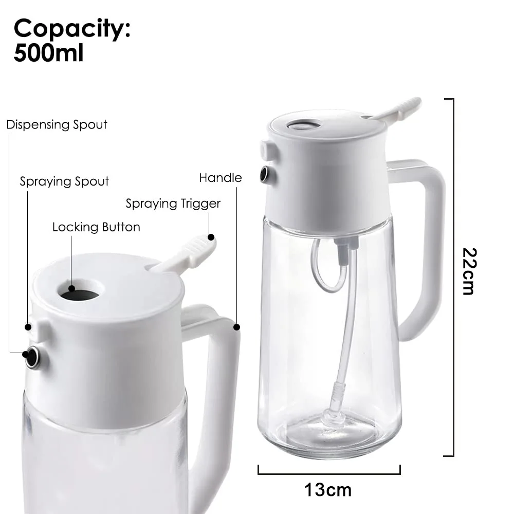 Kitchen 2 in 1 Olive Oil Dispenser 500ml Soy Sauce Vinegar Container Mist Glass Bottle 16oz Baking Oil Sprayer For Cooking