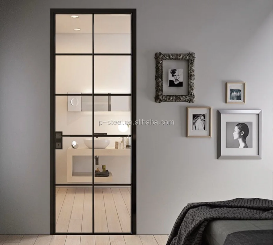 Galvanized steel tube clear tempered glass double glazed single swing door double french doors with grill design