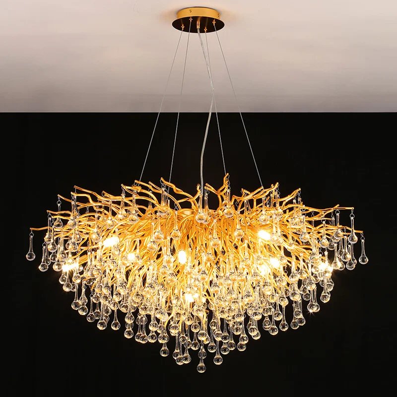 Hanging Lighting Rain Drop Chandelier Pendant Light Living Room Dining Room Luxury Gold Branch Crystal Chandelier Decoration