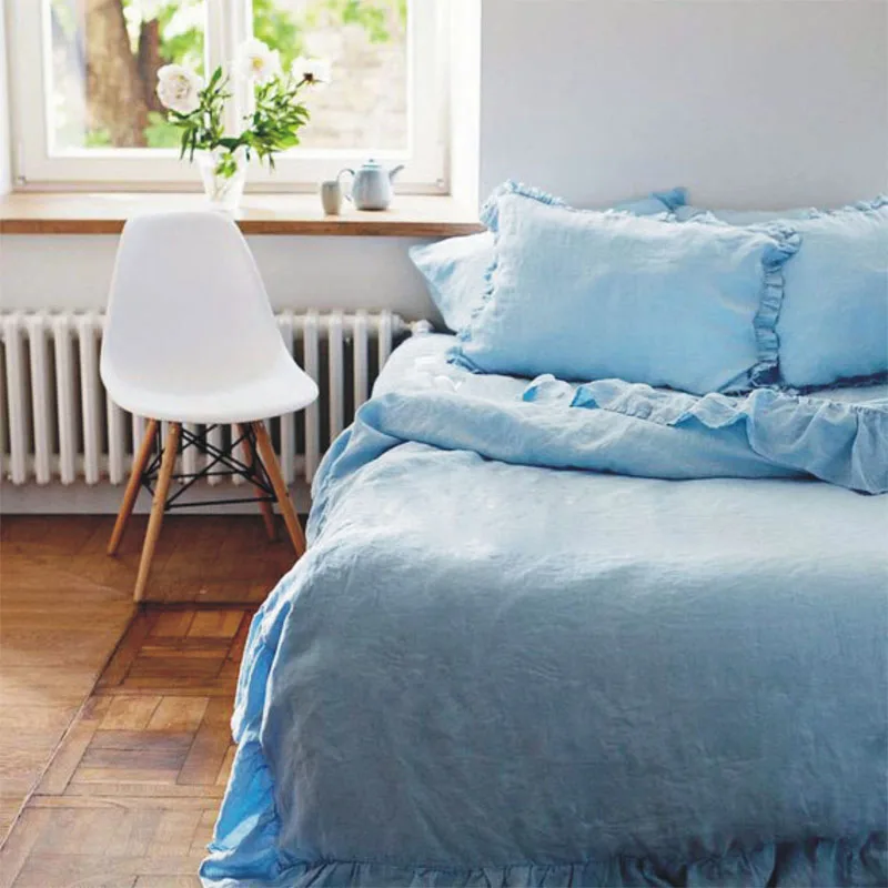 luxury low moq new product 100% pure belgium french flax linen hemp blue ruffle bedding sets four-piece set
