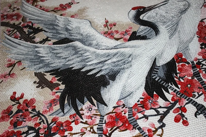 Factory chinese style Red-crowned crane flower glass tile mosaic mural patterns ceramic pieces for mosaics for decoration