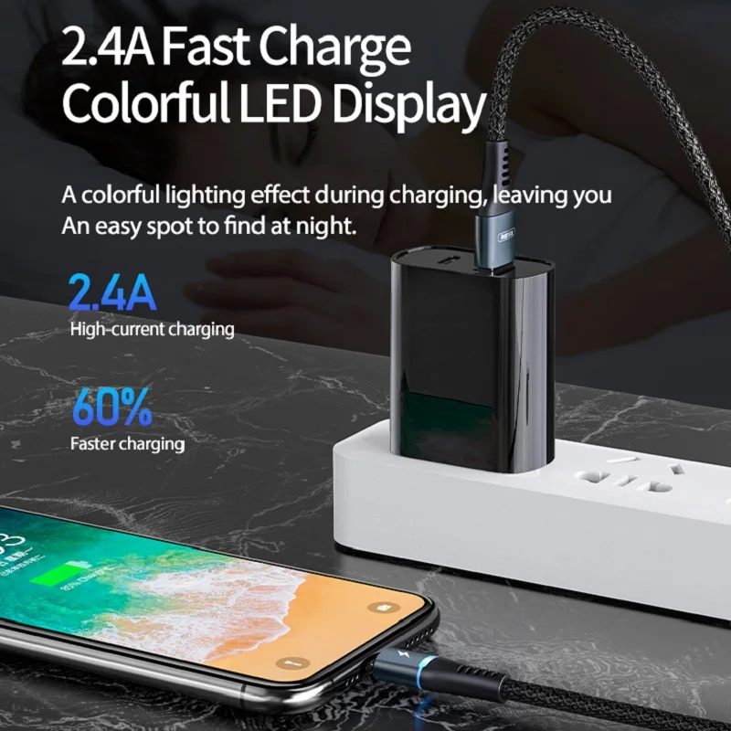 Remax multicolor Led Glow Cables Braided Metallic Stock Universal Micro Type C data Cable Fast Charge Usb Charger